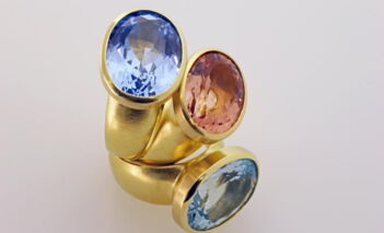 Dreie Ringe, Gelbgold 750, Aquamarin, Morganit